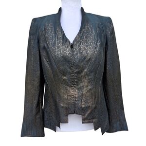 Lourdes Chavez Gunmetal Metallic Gold Stripes Silk Front Zipper Blazer Size 6